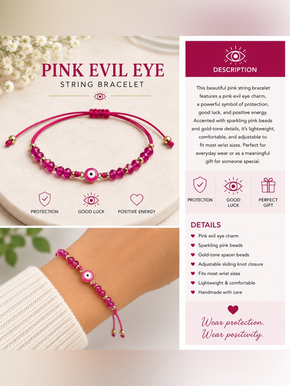 Pink Evil Eye String Bracelet – Pink Beads with Gold Accents